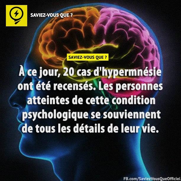 À ce jour, 20 cas d&#039;hypermnésie ont été recensés. Les personnes atteintes de cette condition psychologique se souviennent de tous les détails de leur vie.
