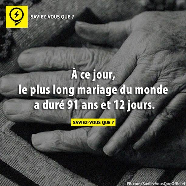 À ce jour, le plus long mariage du monde a duré 91 ans et 12 jours.