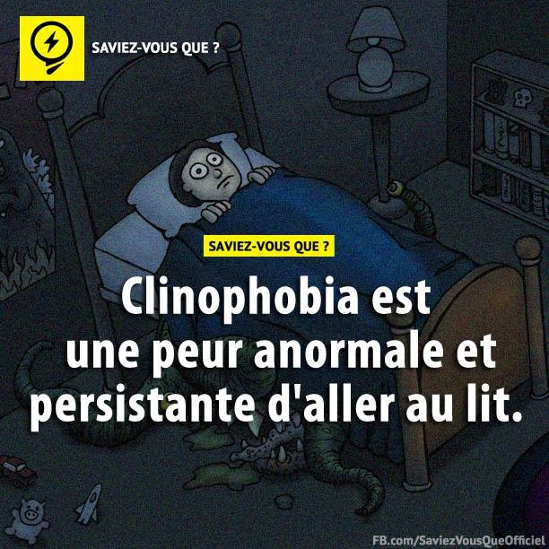 Clinophobia est une peur anormale et persistante d&#039;aller au lit.