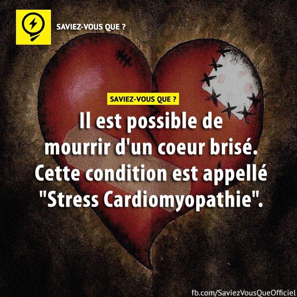 Il est possible de mourir d&#039;un coeur brisé. Cette condition est appelé &quot;Stress Cardiomyopathie&quot;.
