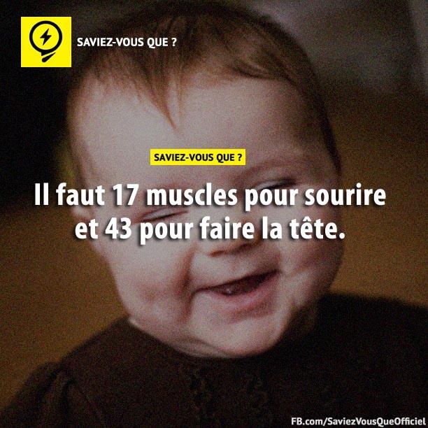 Il faut 17 muscles pour sourire et 43 pour faire la tête.