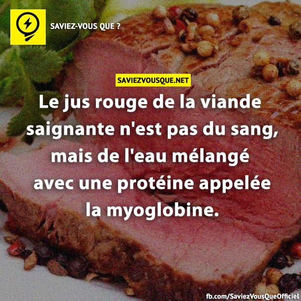 Le jus rouge de la viande saignante n&#039;est pas du sang, mais de l&#039;eau mélangé avec une protéine appelée la myoglobine.