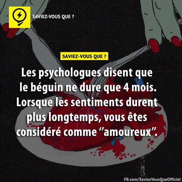 Les psychologues disent que le béguin ne dure que 4 mois. Lorsque les sentiments durent plus longtemps, vous êtes considéré comme &quot;Amoureux&quot;.