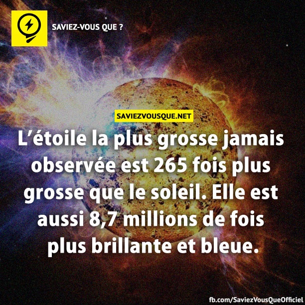 L’étoile la plus grosse jamais observée est 265 fois plus grosse que le soleil. Elle est aussi 8,7 millions de fois plus brillante et bleue.
