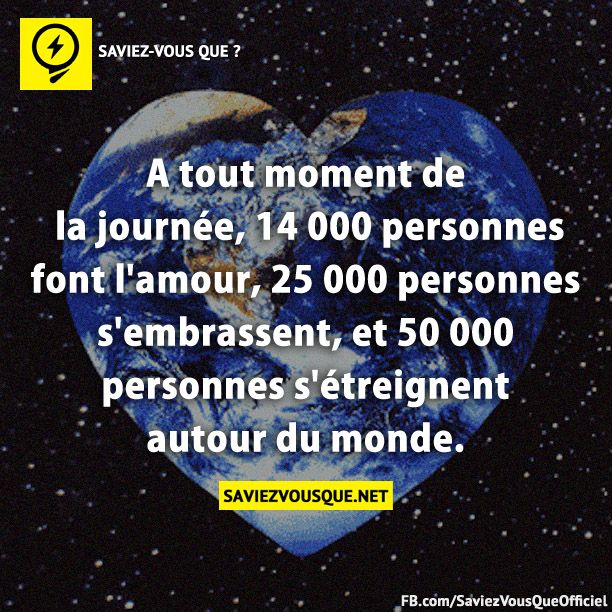 A tout moment de la journée, 14 000 personnes font l&#039;amour, 25 000 personnes s&#039;embrassent, et 50 000 personnes s&#039;étreignent autour du monde.