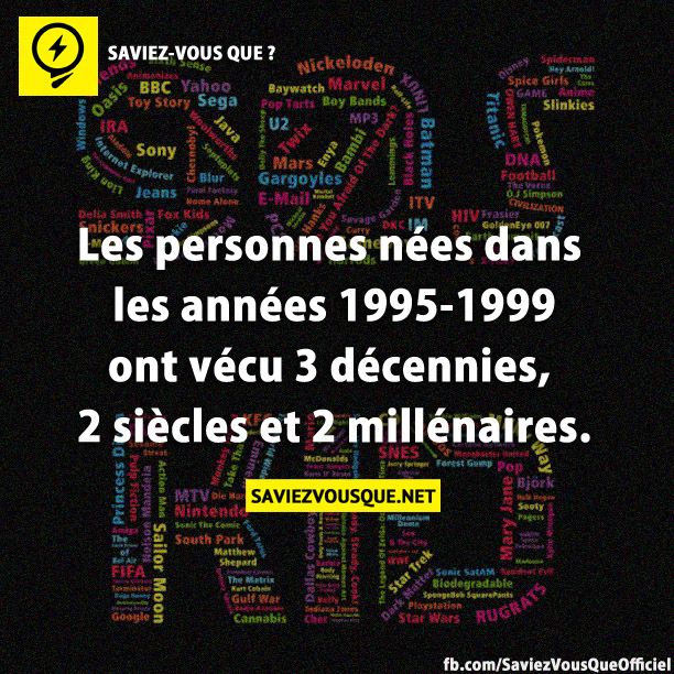 Les personnes nées dans les années 1995-1999 ont vécu 3 décennies, 2 siècles et 2 millénaires.