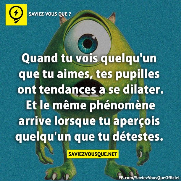 Quand tu vois quelqu&#039;un que tu aimes, tes pupilles ont tendances a se dilater. Et le même phénomène arrive lorsque tu aperçois quelqu&#039;un que tu détestes.