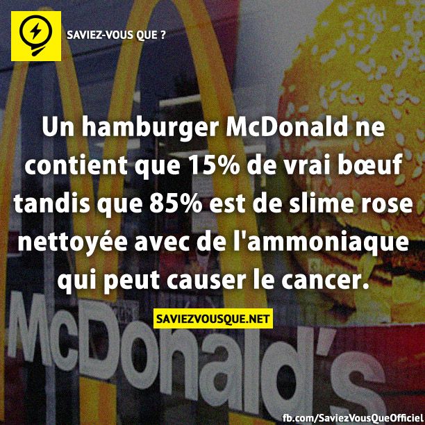 Un hamburger McDonald ne contient que 15%de vrai bœuf tandis que 85%est de slime rose nettoyée avec de l&#039;ammoniaque qui peut causer le cancer.