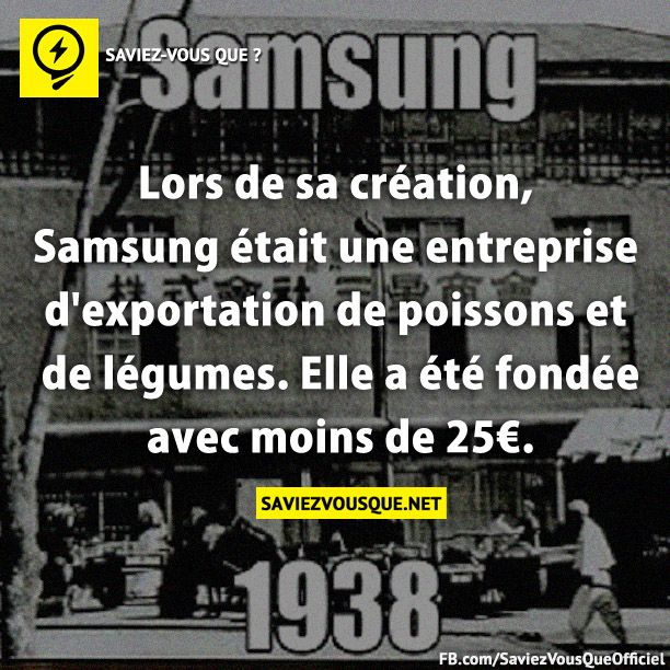 Lors de sa création, Samsung était une entreprise d&#039;exportation de poissons et de légumes. Elle a été fondée avec moins de 25€.