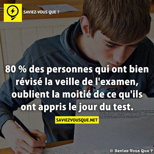 80 % des personnes qui ont bien révisé la veille de l&#039;examen, oublient la moitié de ce qu&#039;ils ont appris le jour du test.