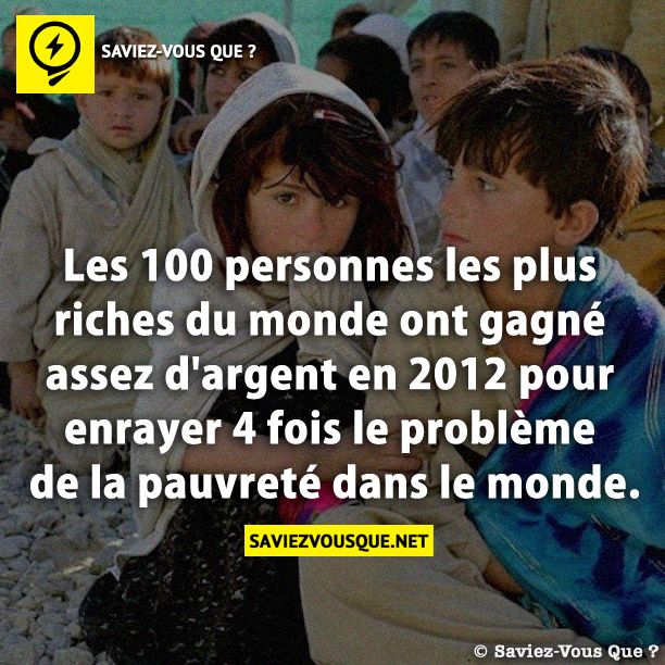 Les 100 personnes les plus riches du monde ont gagné assez d&#039;argent en 2012 pour enrayer 4 fois le problème de la pauvreté dans le monde.