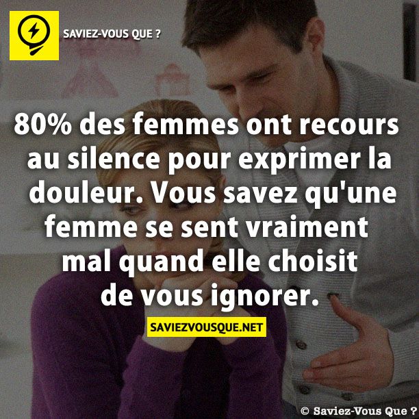 80% des femmes ont recours au silence pour exprimer la douleur. Vous savez qu&#039;une femme se sent vraiment mal quand elle choisit de vous ignorer.