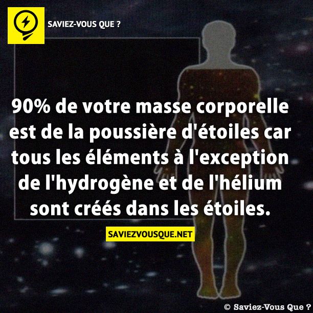 90% de votre masse corporelle est de la poussière d&#039;étoiles car tous les éléments à l&#039;exception de l&#039;hydrogène et de l&#039;hélium sont créés dans les étoiles.