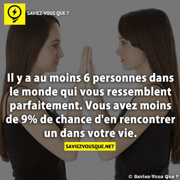 Il y a au moins 6 personnes dans le monde qui vous ressemblent parfaitement. Vous avez moins de 9% de chance d&#039;en rencontrer un dans votre vie.