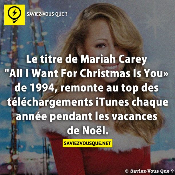 Le titre de Mariah Carey &quot;All I Want For Christmas Is You» de 1994, remonte au top des téléchargements iTunes chaque année pendant les vacances de Noël.