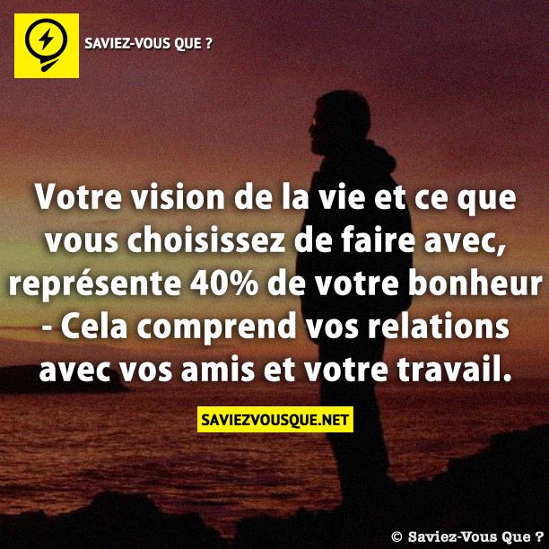 Votre vision de la vie et ce que vous choisissez de faire avec, représente 40% de votre bonheur  - Cela comprend vos relations avec vos amis et votre travail.