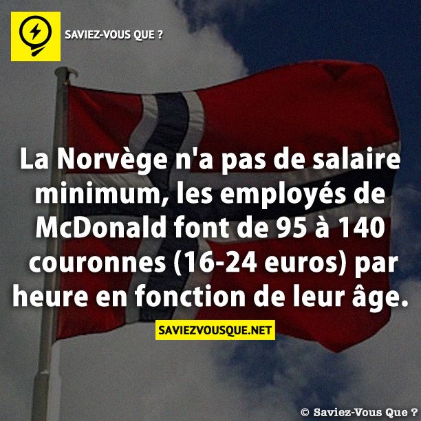 La Norvège n&#039;a pas de salaire minimum, les employés de McDonald font de 95 à 140 couronnes (16-24 euros) par heure en fonction de leur âge.