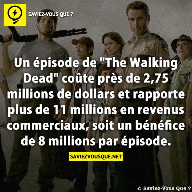 Un épisode de &quot;The Walking Dead&quot; coûte près de 2,75 millions de dollars et rapporte plus de 11 millions en revenus commerciaux, soit un bénéfice de 8 millions par épisode.