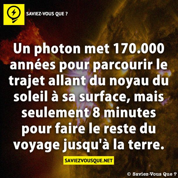 Un photon met 170.000 années pour parcourir le trajet allant du noyau du soleil à sa surface, mais seulement 8 minutes pour faire le reste du voyage jusqu&#039;à la terre.