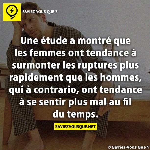 Une étude a montré que les femmes ont tendance à surmonter les ruptures plus rapidement que les hommes, qui à contrario, ont tendance à se sentir plus mal au fil du temps.