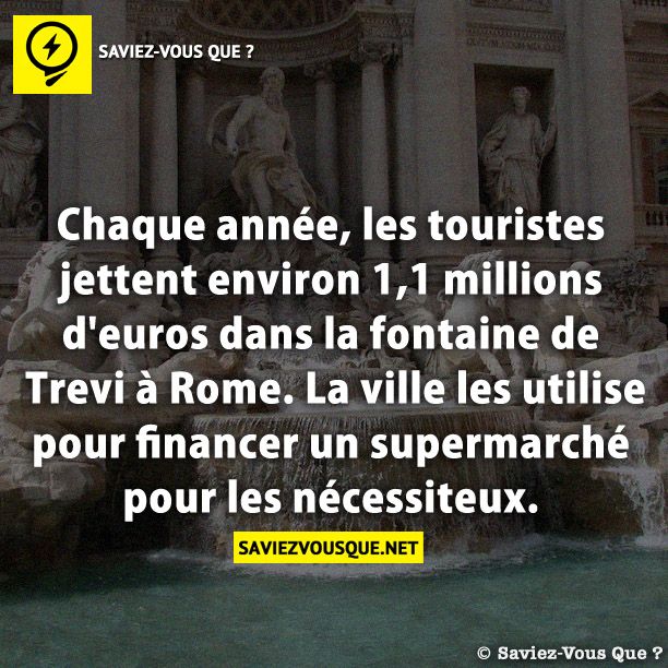 Chaque année, les touristes jettent environ 1,1 millions d&#039;euros dans la fontaine de Trevi à Rome. La ville les utilise pour financer un supermarché pour les nécessiteux.