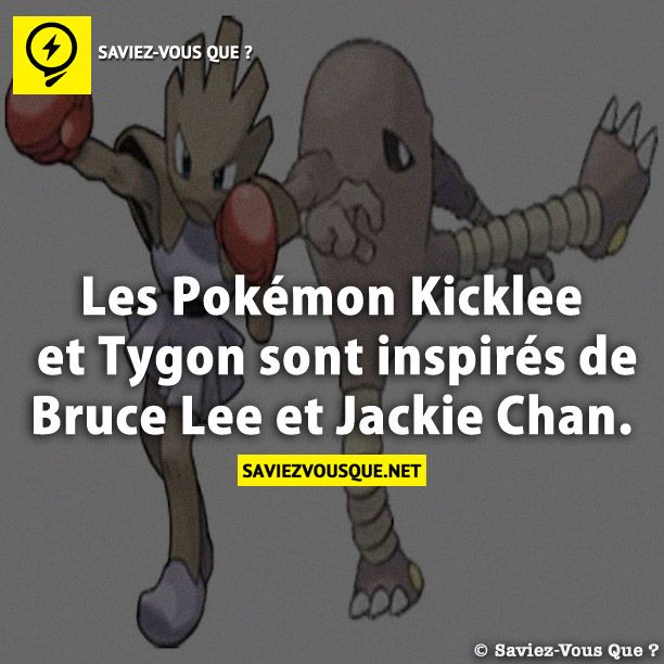 Les Pokémon Kicklee et Tygon sont inspirés de Bruce Lee et Jackie Chan.