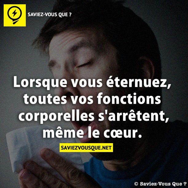 Lorsque vous éternuez, toutes vos fonctions corporelles s&#039;arrêtent, même le cœur.