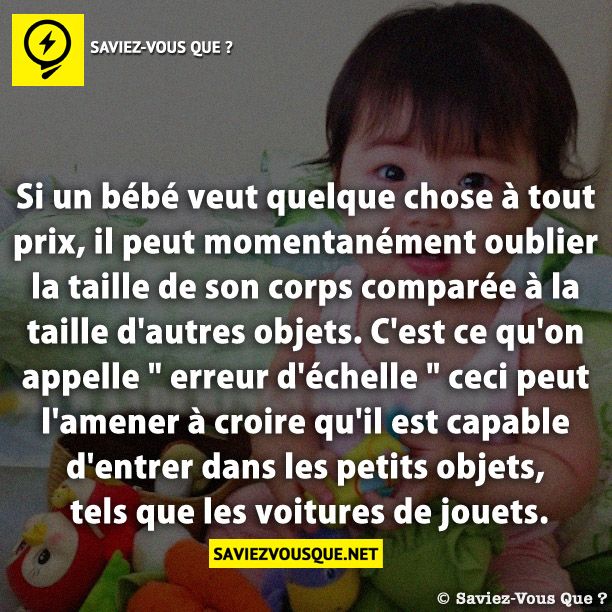 Si un bébé veut quelque chose à tout prix, il peut momentanément oublier la taille de son corps comparée à la taille d&#039;autres objets. C&#039;est ce qu&#039;on appelle &quot; erreur d&#039;échelle &quot; ceci peut l&#039;amener à croire qu&#039;il est capable d&#039;entrer dans les petits objets, tels que les voitures de jouets.