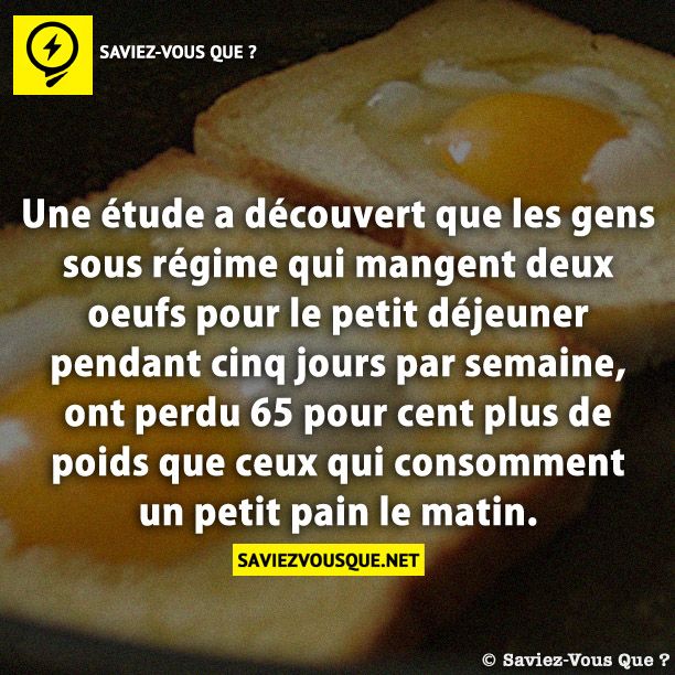 Une étude a découvert que les gens sous régime qui mangent deux oeufs pour le petit déjeuner pendant cinq jours par semaine, ont perdu 65 pour cent plus de poids que ceux qui consomment un petit pain le matin.