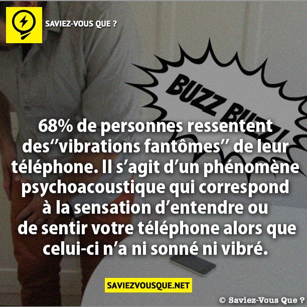 68% de personnes ressentent des ‘’vibrations fantômes’’ de leur téléphone. Il s’agit d’un phénomène psychoacoustique qui correspond à la sensation d’entendre ou  de sentir votre téléphone alors que celui-ci  n’a ni sonné ni vibré.