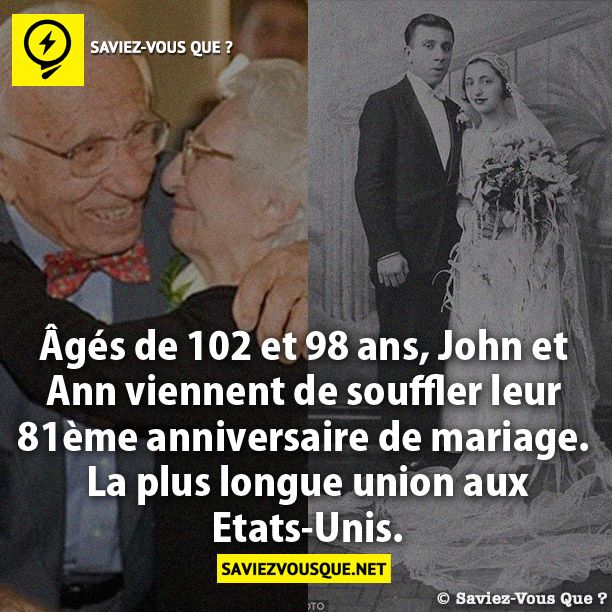 Âgés de 102 et 98 ans, John et Ann viennent de  souffler leur 81ème anniversaire de mariage.  La plus longue union aux Etats-Unis.