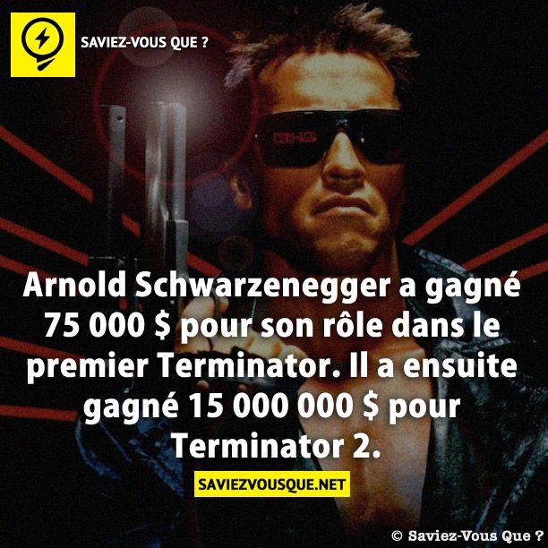 Arnold Schwarzenegger a gagné 75 000 $ pour son rôle dans le premier Terminator. Il a ensuite gagné 15 000 000 $ pour Terminator 2.