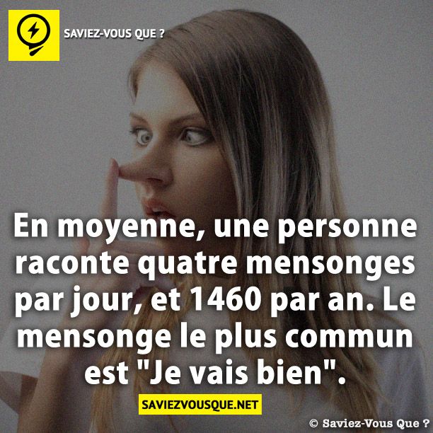 En moyenne, une personne raconte quatre mensonges par jour, et 1460 par an. Le mensonge le plus commun est "Je vais bien".