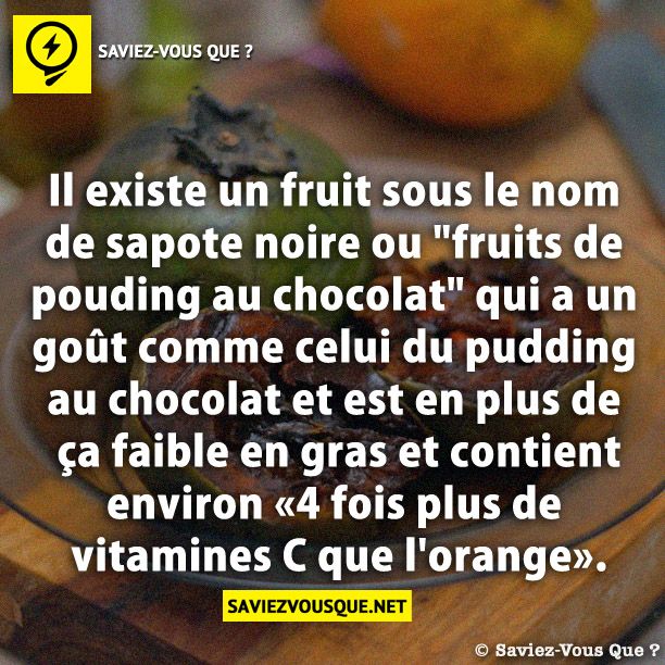 Il existe un fruit sous le nom de sapote noire ou &quot;fruits de pouding au chocolat&quot; qui a un goût comme celui du pudding au chocolat et est en plus de ça faible en gras et contient environ «4 fois plus de vitamines C que l&#039;orange».
