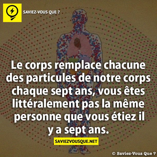 Le corps remplace chacune des particules de notre corps chaque sept ans, vous êtes littéralement pas la même personne que vous étiez il y a sept ans.