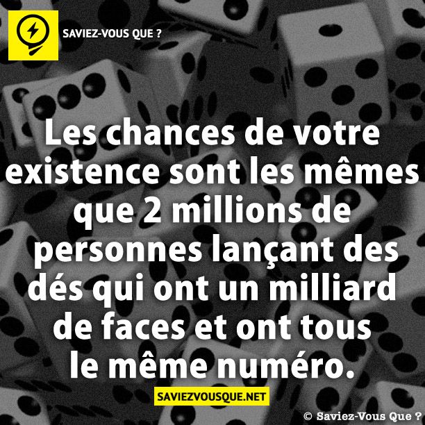 Les chances de votre existence sont les mêmes que 2 millions de personnes lançant des dés qui ont un milliard de faces et ont tous le même numéro.