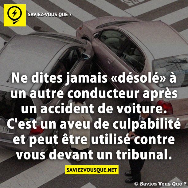 Ne dites jamais «désolé» à un autre conducteur après un accident de voiture. C&#039;est un aveu de culpabilité et peut être utilisé contre vous devant un tribunal.