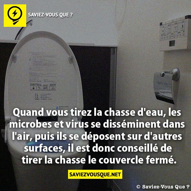 Quand vous tirez la chasse d&#039;eau, les  microbes et virus se disséminent dans  l&#039;air, puis ils se déposent sur d&#039;autres  surfaces, il est donc conseillé de  tirer la chasse le couvercle fermé.