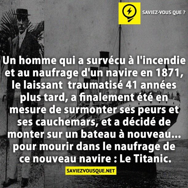 Un homme qui a survécu à l&#039;incendie et au naufrage d&#039;un navire en 1871, le laissant  traumatisé 41 années plus tard, a finalement été en mesure de surmonter ses peurs et ses cauchemars, et a décidé de monter sur un bateau à nouveau... pour mourir dans le naufrage de ce nouveau navire : Le Titanic.