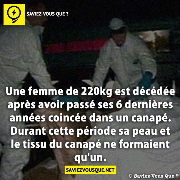 Une femme de 220kg est décédée après avoir passé ses 6 dernières années coincée dans un canapé. Durant cette période sa peau et le tissu du canapé ne formaient qu&#039;un.