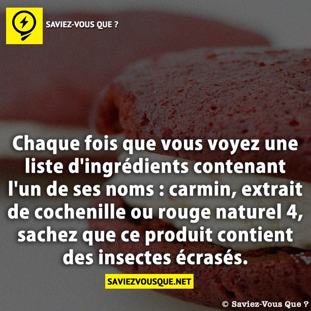 Chaque fois que vous voyez une liste d&#039;ingrédients contenant l&#039;un de ses noms : carmin, extrait de cochenille ou rouge naturel 4, sachez que ce produit contient des insectes écrasés.