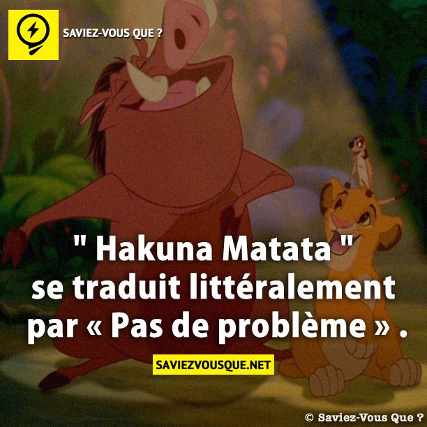 &quot; Hakuna Matata &quot; se traduit littéralement par « Pas de problème » .
