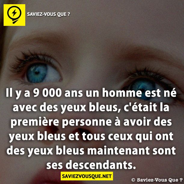 Il y a 9 000 ans un homme est né avec des yeux bleus, c&#039;était la première personne à avoir des yeux bleus et tous ceux qui ont des yeux bleus maintenant sont ses descendants.