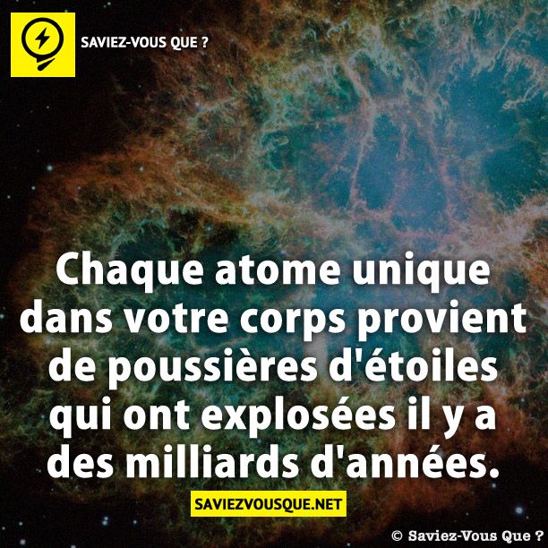 Chaque atome unique dans votre corps provient de poussières d'étoiles qui ont explosées il y a des milliards d'années.