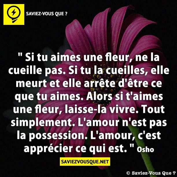 &quot; Si tu aimes une fleur, ne la cueille pas. Si tu la cueilles, elle meurt et elle arrête d&#039;être ce que tu aimes. Alors si t&#039;aimes une fleur, laisse-la vivre. Tout simplement. L&#039;amour n&#039;est pas la possession. L&#039;amour, c&#039;est apprécier ce qui est. &quot; - . Osho