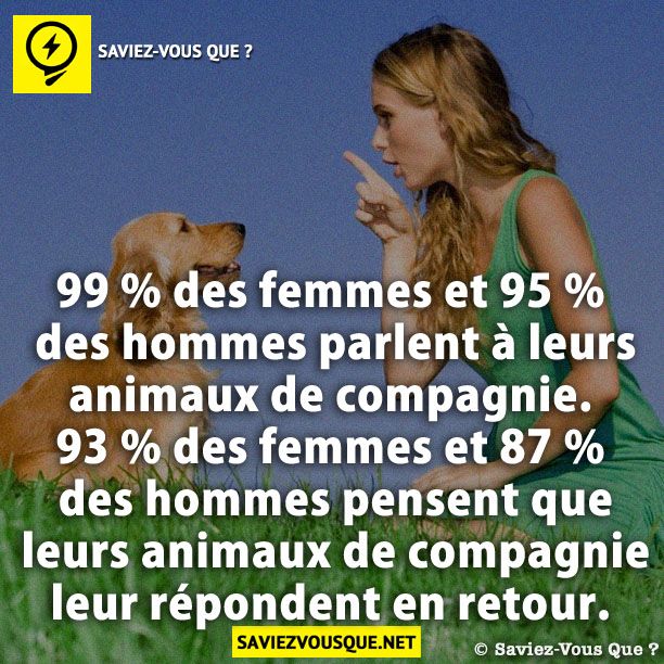 99 % des femmes et 95 % des hommes parlent à leurs animaux de compagnie. 93 % des femmes et 87 % des hommes pensent que leurs animaux de compagnie leur répondent en retour.