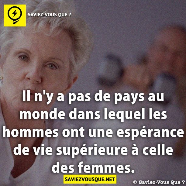 Il n&#039;y a pas de pays au monde dans lequel les hommes ont une espérance de vie supérieure à celle des femmes.