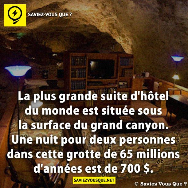 La plus grande suite d'hôtel du monde est située sous la surface du grand canyon. Une nuit pour deux personnes dans cette grotte de 65 millions d'années est de 700 $.