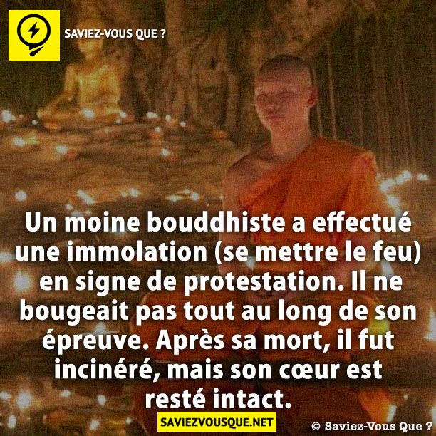 Un moine bouddhiste a effectué une immolation (se mettre le feu) en signe de protestation. Il ne bougeait pas tout au long de son épreuve. Après sa mort, il fut incinéré, mais son cœur est resté intact.