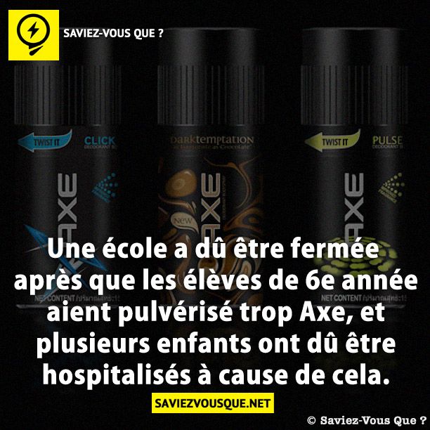 Une école a dû être fermée après que les élèves de 6e année aient pulvérisé trop Axe, et plusieurs enfants ont dû être hospitalisés à cause de cela.
